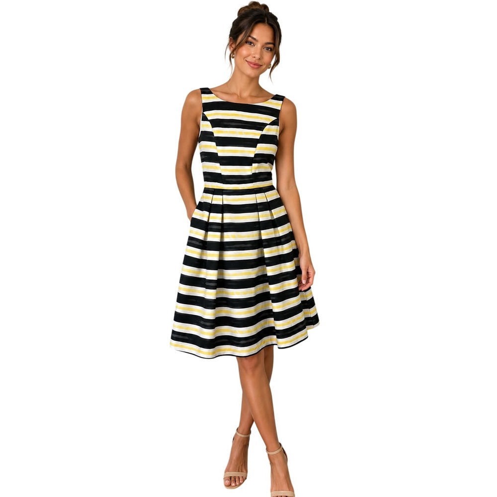 Eva Mendes Yellow Black Striped Fit Flare Dress Womens Size 2 Boat Neck Pocket